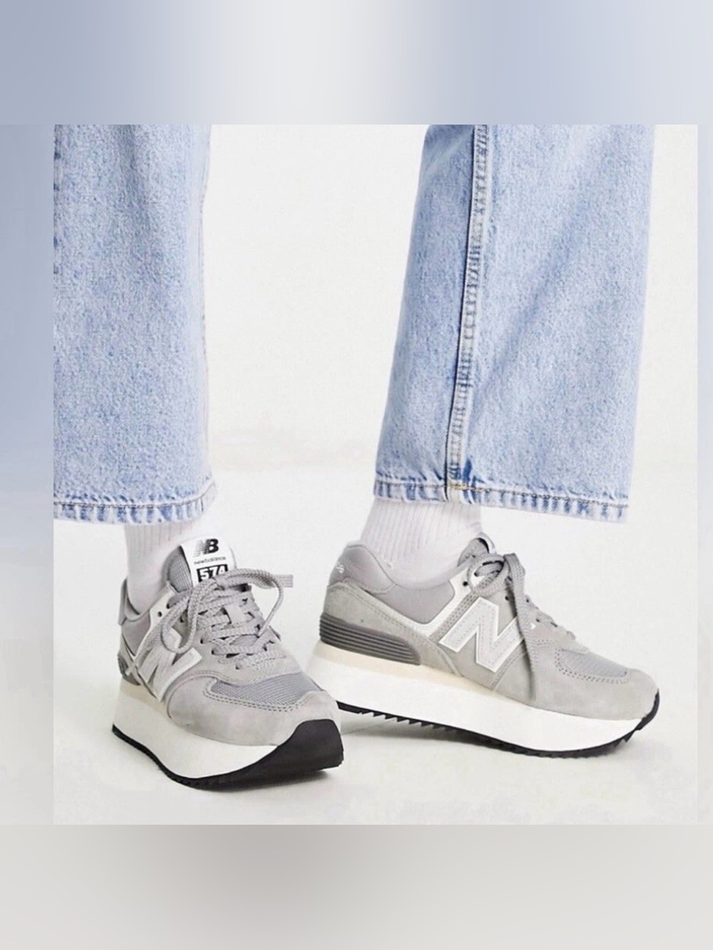 New Balance 574+ Grey Suede Platform Chunky Sneakers Retro Women / Size 10
